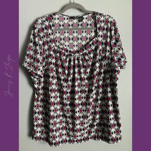 East 5th | Lightweight Flowy Black & Pink Geometric Pattern Blouse | Size: 3X